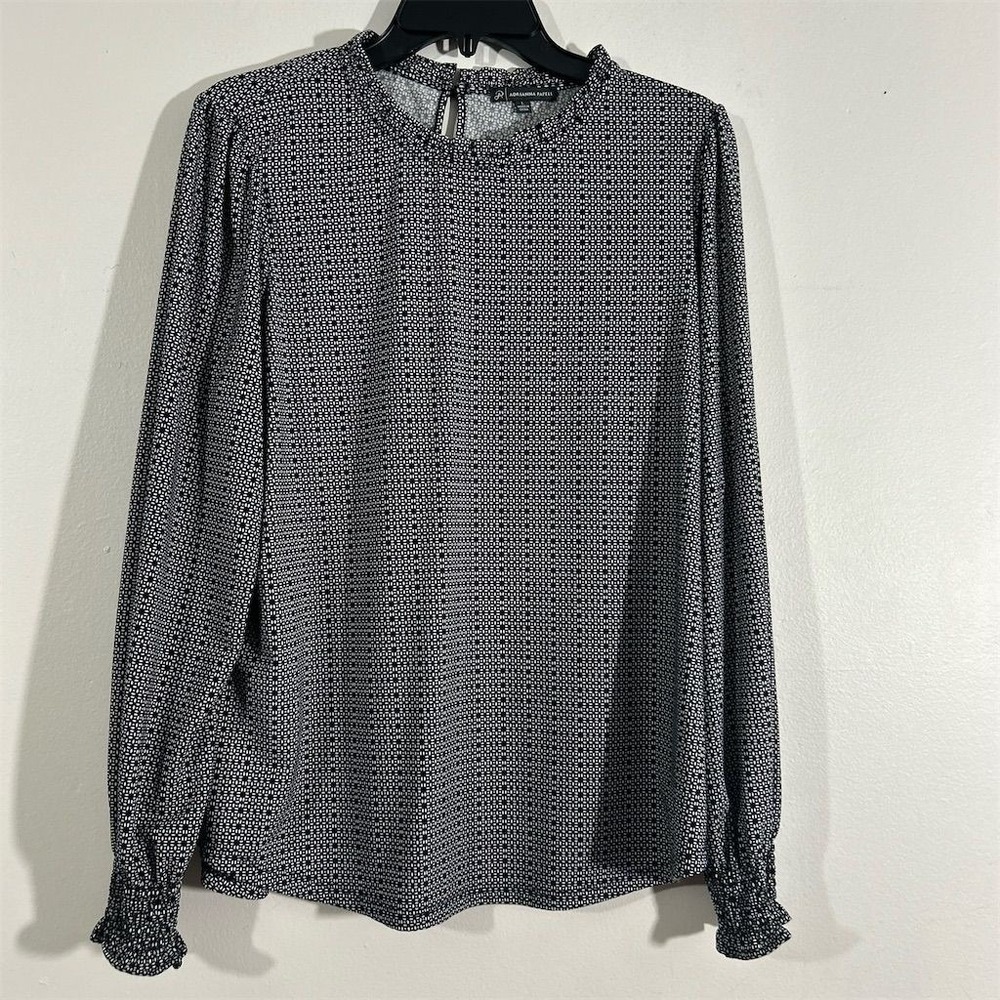Adrianna Papell Women's L Black Geometric Long Sleeve Blouse